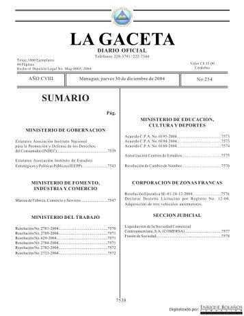 Gaceta - Diario Oficial de Nicaragua - # 254 de 30 Diciembre 2004