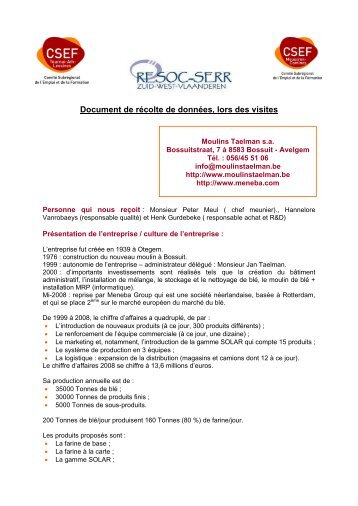 Document de récolte de données, lors des visites - CSEF