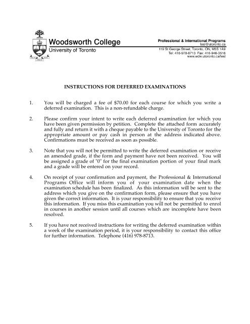 Deferred Exam form - Woodsworth College - University of Toronto