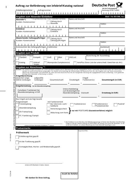 Auftrag zur Beförderung von Infobrief/Katalog national