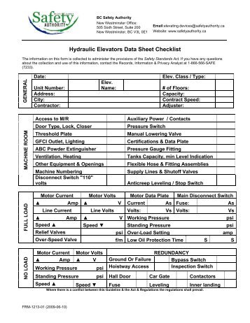 Electric Elevator Data Sheet Checklist Form 1214 - BC ...