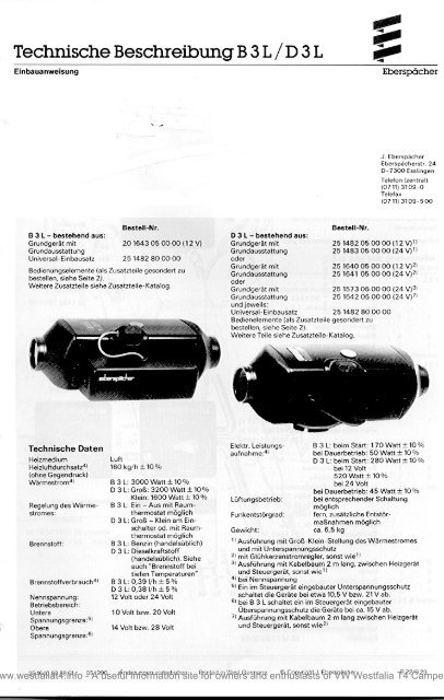 Eberspacher B3L D3L 1990 Heater Technical Description (Deutsch)