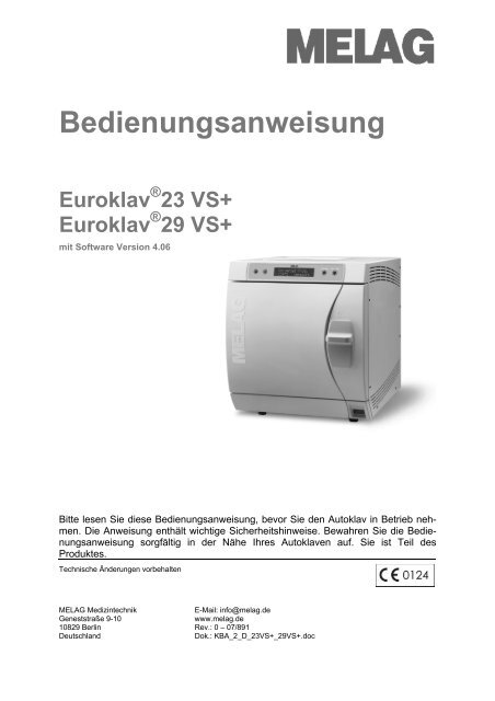 Bedienungsanweisung Euroklav ® 23 VS+ Euroklav ® 29 VS+