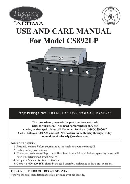 Tuscany CS892LP Instruction Manual - Sure Heat Manufacturing