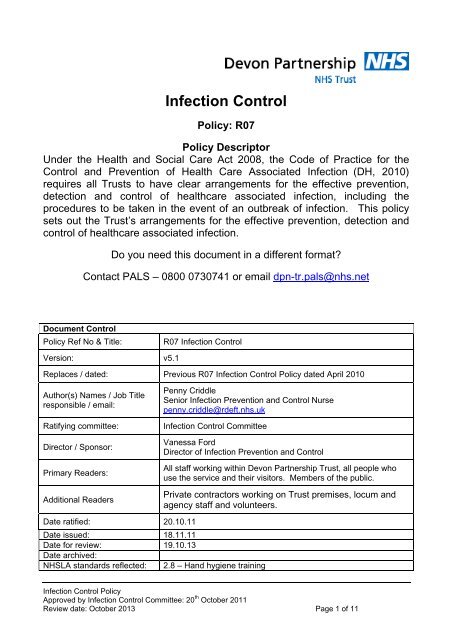 Infection Control Policy - Devon Partnership NHS Trust