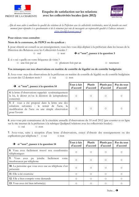questionnaire de satisfaction RCL  Les services de l'Ã tat en Charente