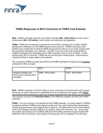 FINRA Responses to BCG Comments on FINRA Cost Estimate