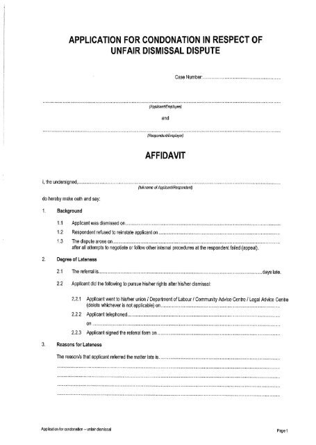 application for condonation in respect of unfair dismissal ... - nbcei