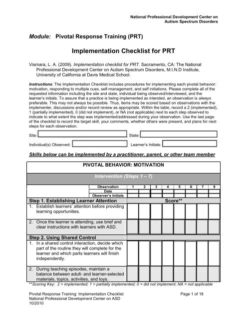 Implementation Checklist for PRT - National Professional ...
