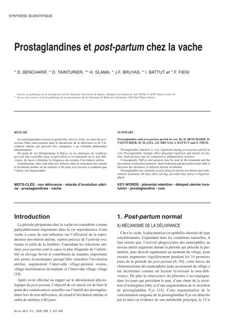 Prostaglandines et post-partum chez la vache - Revue de Médecine ...