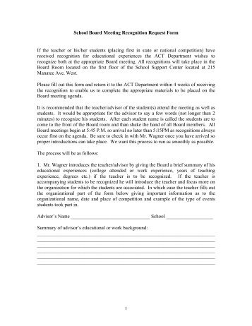 1 School Board Meeting Recognition Request Form If the teacher or ...