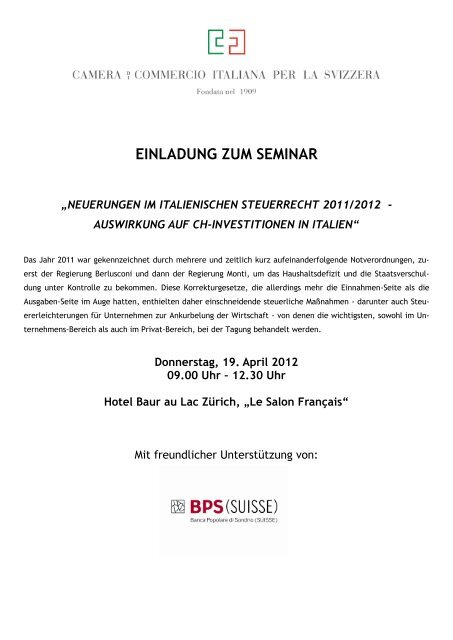 EINLADUNG ZUM SEMINAR