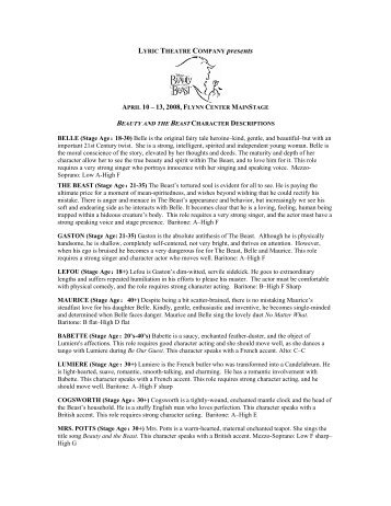 beauty and the beast character descriptions - Lyric Theatre Company
