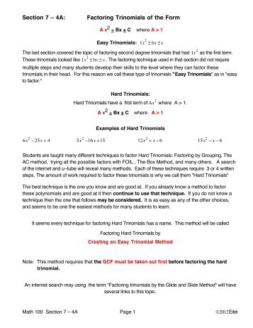 Factoring Hard Trinomials by the Easy Trinomials Method Lecture