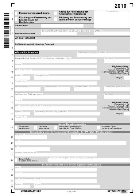 ESt 1 AEinkommensteuererklärung 2010 (Mantelbogen) - smartsteuer