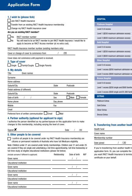 RACT Health Insurance Application Form