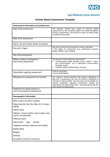 Holistic Needs Assessment Template - East Midlands Cancer Network