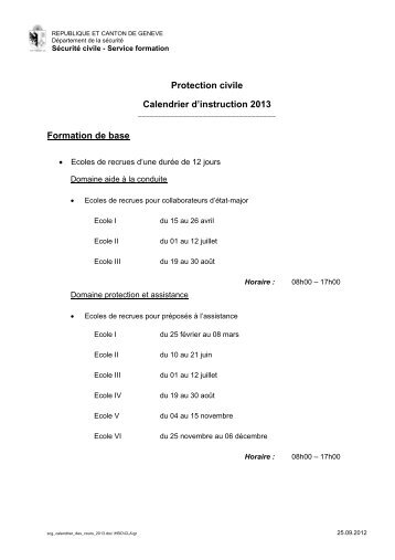 Calendrier annuel des cours protection civile 2013 - Etat de GenÃ¨ve