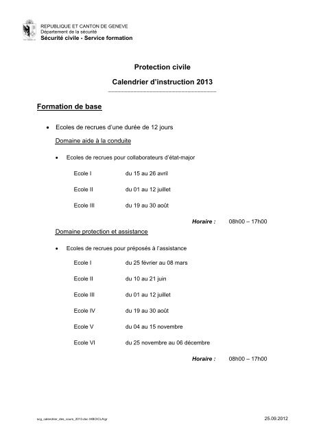 Calendrier annuel des cours protection civile 2013 - Etat de GenÃ¨ve