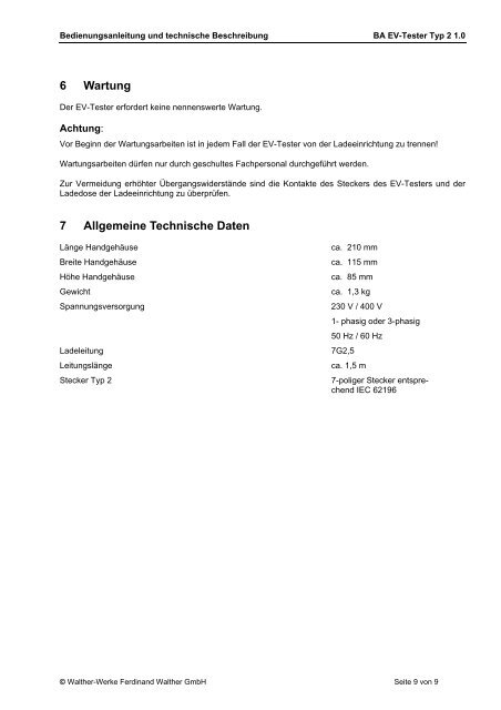 Bedienungsanleitung und technische Beschreibung EV-Tester / EV ...