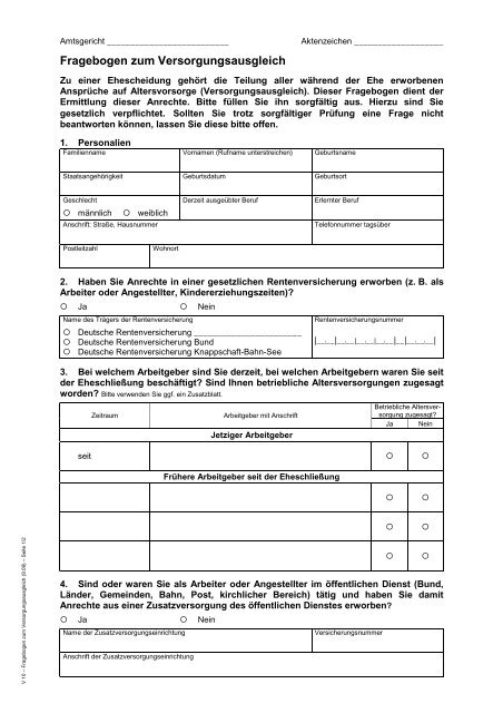 Fragebogen zum Versorgungsausgleich