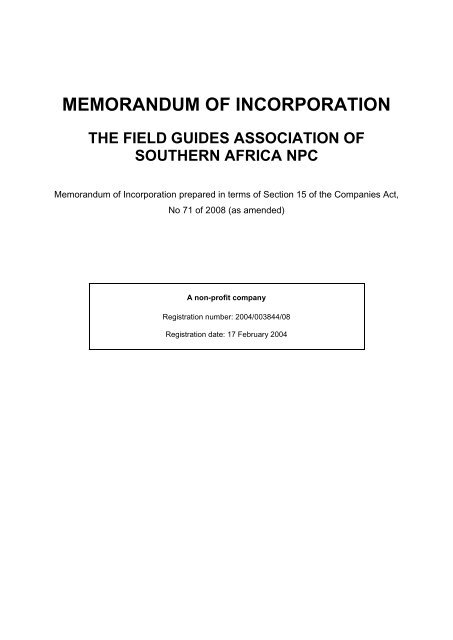 MEMORANDUM OF INCORPORATION - FGASA