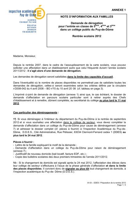 annexe 1 Note famille et ImprimÃ© dÃ©rogation - AcadÃ©mie de ...