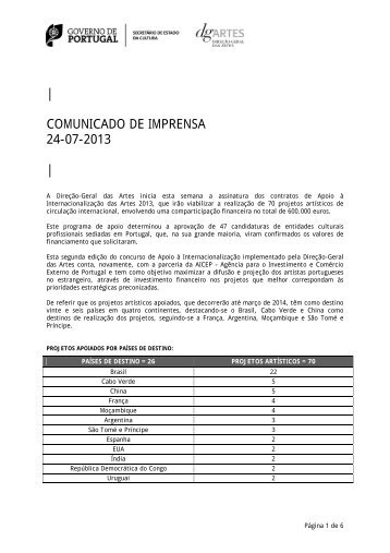 | COMUNICADO DE IMPRENSA 24-07-2013 | - DGArtes