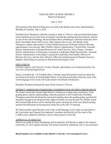 Board of Education Minutes 6-5-12 - Neenah Joint School District