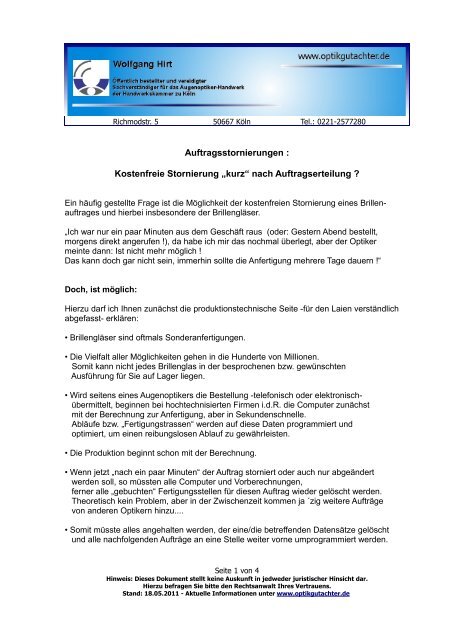 Auftragsstornierungen Kostenfreie Stornierung Optikgutachter De