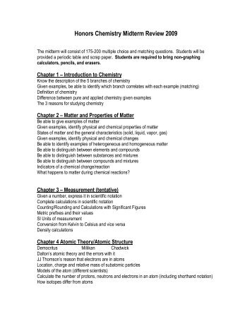 Honors Chemistry Midterm Review 2009 - NOHS Teachers