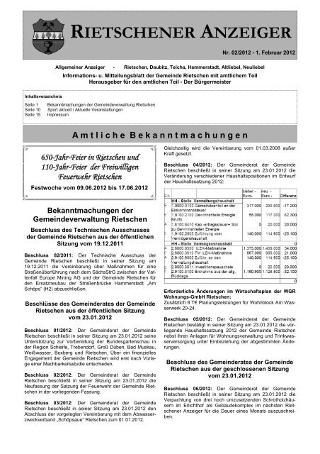 RIETSCHENER ANZEIGER - Gemeinde Rietschen