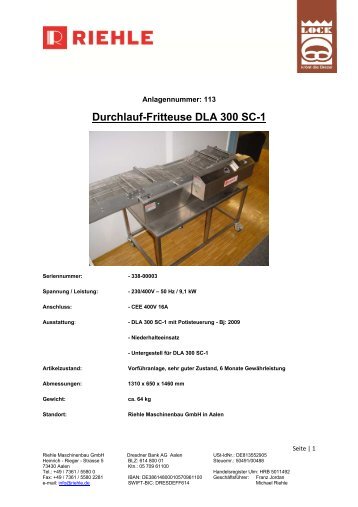 Durchlauf-Fritteuse DLA 300 SC-1 - Riehle