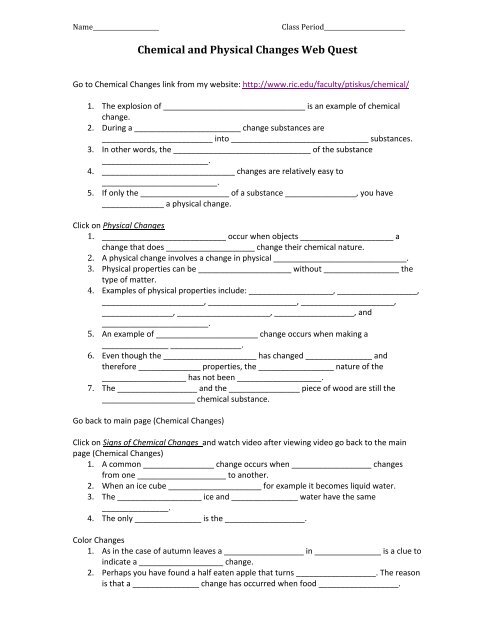 Physical and chemical changes lab sheet - Warren County Schools