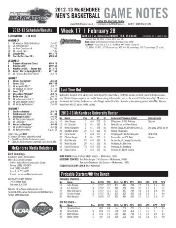 McKENDREE GAME NOTES - Bellarmine University Athletics