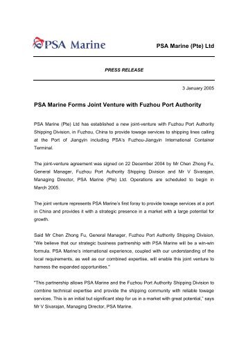 nr050103 PSA Marine Forms Joint Venture with Fuzhou Port Aâ¦