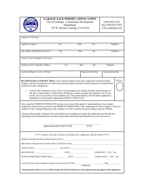 GARAGE SALE PERMIT APPLICATION - The City of Coalinga