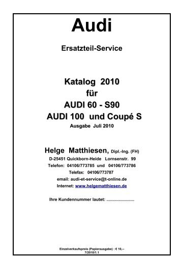 Katalog 2010 fÃ¼r AUDI 60 - S90 AUDI 100 und CoupÃ© S - Ersatzteile