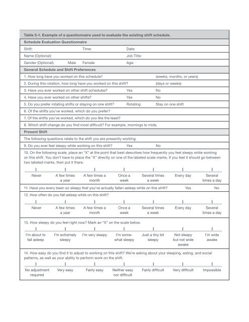 Table 5-1. Example of a questionnaire used to evaluate the existing ...