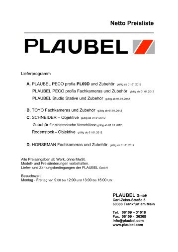 Preisliste Schneider - Plaubel