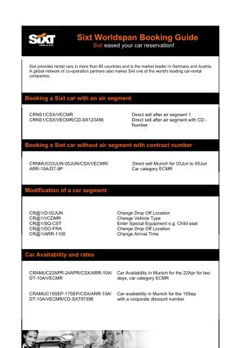 Sixt Worldspan Booking Guide