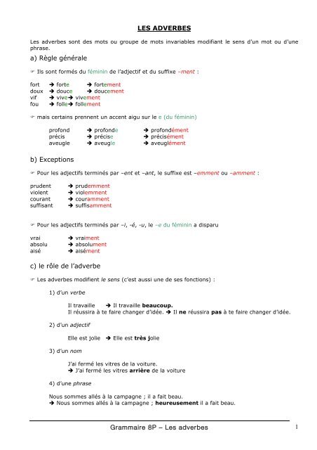 Grammaire 8p A Les Adverbes 1 Les Adverbes A Ra Gle