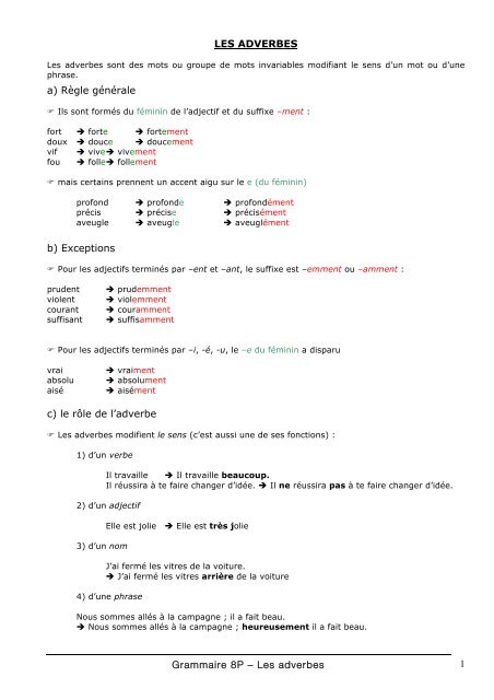 Grammaire 8P â€“ Les adverbes 1 LES ADVERBES a) RÃ¨gle ...