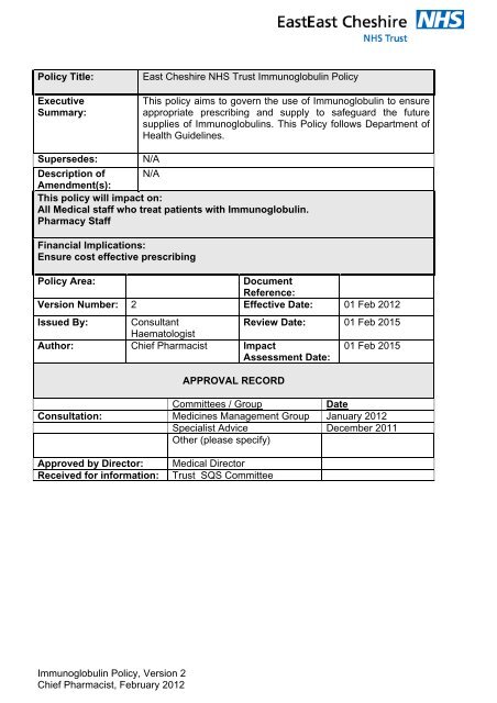 Immunoglobulin Policy 1601 Pdf East Cheshire Nhs Trust