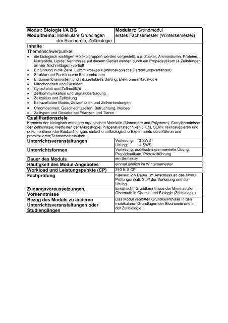 Modul: Biologie I/A BG Modulthema: Molekulare Grundlagen der ...