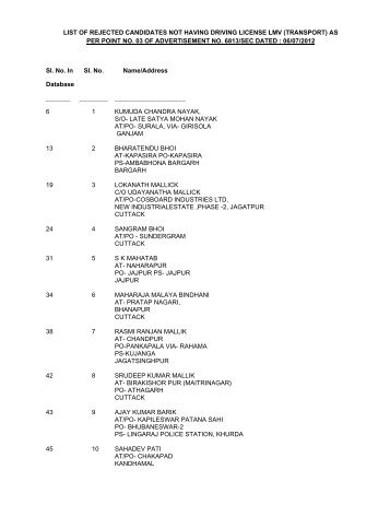 list of rejected candidates not having driving license lmv (transport)