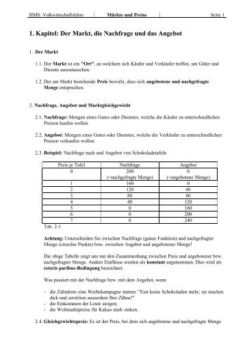 1. Kapitel: Der Markt, die Nachfrage und das Angebot - RMoser.ch