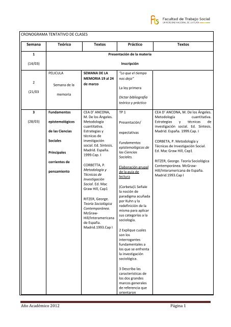 Cronograma tentativo de clases - Facultad de Trabajo Social