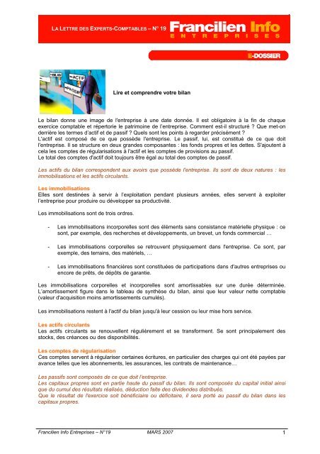 Lire et comprendre votre bilan Le bilan donne une image de l ...