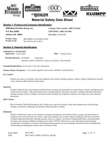 Material Safety Data Sheet - Tools for Working Wood